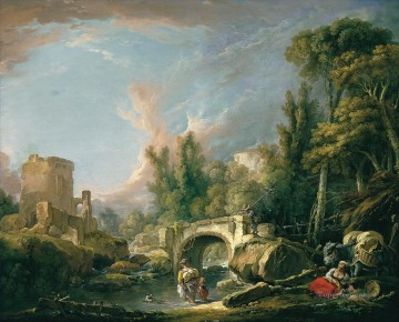 フランソワ・ブーシェ Painting - 廃墟と橋のある川の風景 フランソワ・ブーシェ